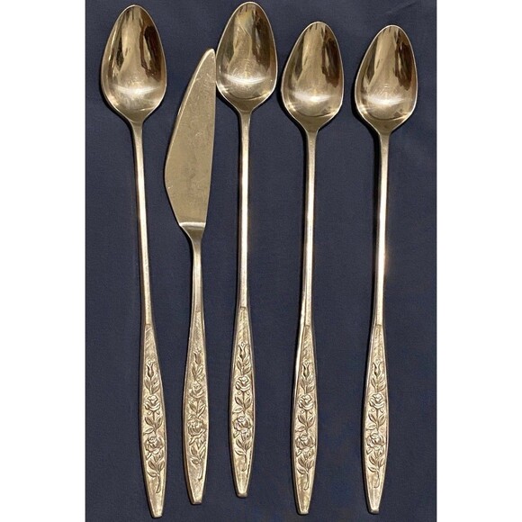 VTG Eldan ELD18 Stainless Steel Flatware Japan Roses 4 Ice Tea Spoons + 1 Knife - Picture 10 of 15